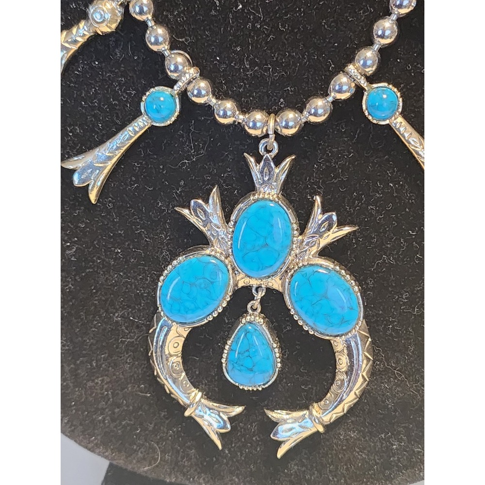 Vintage ART Mode Teal Blue Squash Blossom Necklace Silver Tone Naja Pendant 24"